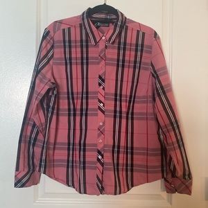 New York & Company Pink / Black / White Plaid Collar Shirt, Size Xtra Large